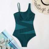 Patchwork Mesh Women's One-Piece Slash Shoulder Swimsuit