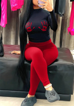 Sports Printed Tight Fitting Long Sleeves T-Shirt And Trousers Two Piece Set