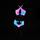 Sexy Hollow Reflective Bikini Two Pieces Halter Neck Swimsuit