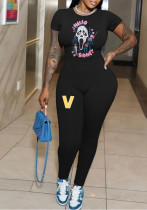 Women Short Sleeve Letter Print Jumpsuit