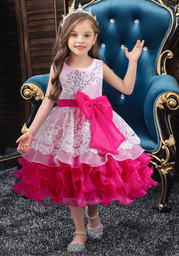 Girls bow flower girl wedding dress evening dress birthday party puffy dress