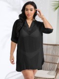 Plus Size Women V-neck Pockets See-Through Polka Dot Jacquard Chiffon Beach Cover-up Shirt Dress