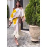 Women Printed Lantern Sleeve Loose Top and Fringed Skirt Two-piece Set