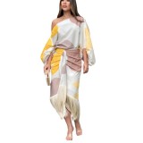 Women Printed Lantern Sleeve Loose Top and Fringed Skirt Two-piece Set