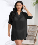 Plus Size Women V-neck Pockets See-Through Polka Dot Jacquard Chiffon Beach Cover-up Shirt Dress