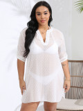 Plus Size Women V-neck Pockets See-Through Polka Dot Jacquard Chiffon Beach Cover-up Shirt Dress
