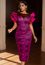 See-Through Mesh Patchwork Elegant Chic Petal Sleeve Printed Party Dress