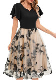 Women V-neck Patchwork Short Sleeve Retro Butterfly Mesh Embroidered Dress