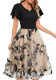 Women V-neck Patchwork Short Sleeve Retro Butterfly Mesh Embroidered Dress
