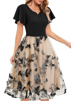 Women V-neck Patchwork Short Sleeve Retro Butterfly Mesh Embroidered Dress Women V-neck Patchwork Short Sleeve Retro Butterfly Mesh Embroidered Dress