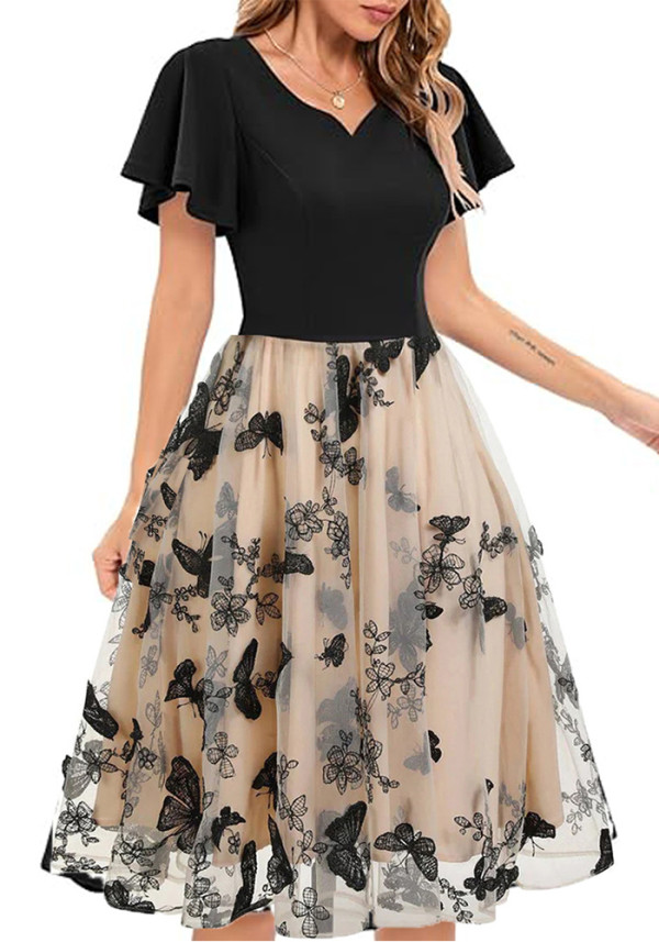 Women V-neck Patchwork Short Sleeve Retro Butterfly Mesh Embroidered Dress