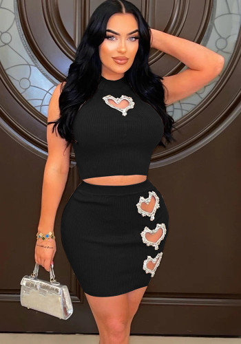 Women Solid Sleeveless Top and Sexy Heart Print Skirt Two-piece Set