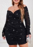Plus Size Women Mesh Off-Shoulder Gathered Long Sleeve Party Dress