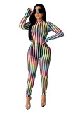 Striped Mesh Patchwork Casual Sexy Stretch Jumpsuit