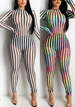 Striped Mesh Patchwork Casual Sexy Stretch Jumpsuit
