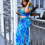 Women Skirt Casual Printed Top Slit High Waist Skirt Two Piece Set