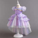 Children's Puffy Dress Rainbow Mesh Trailing Ruffles Girls Performance Princess Dress