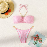 Women Sexy Strapless Solid Metal Chain Bikini Swimsuit Two Pieces