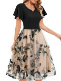 Women V-neck Patchwork Short Sleeve Retro Butterfly Mesh Embroidered Dress