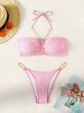 Women Sexy Strapless Solid Metal Chain Bikini Swimsuit Two Pieces