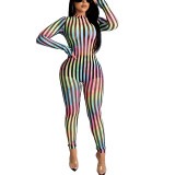 Striped Mesh Patchwork Casual Sexy Stretch Jumpsuit