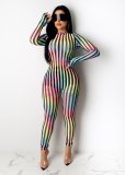 Striped Mesh Patchwork Casual Sexy Stretch Jumpsuit