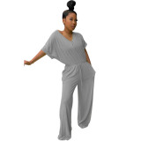 Sexy Women's Loose Casual Solid Color V-Neck Women's Jumpsuit