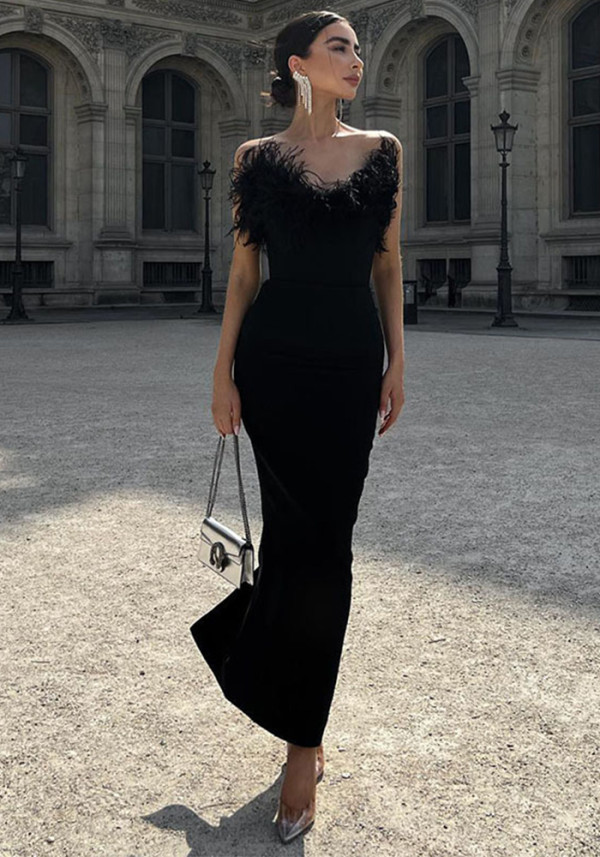 Spring Feather Deep V Sexy Tight Fitting Fashion Dress