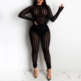 Striped Mesh Patchwork Casual Sexy Stretch Jumpsuit