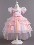 Children's Puffy Dress Rainbow Mesh Trailing Ruffles Girls Performance Princess Dress