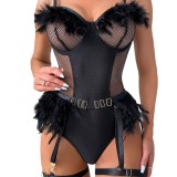 Women Hollow See-Through Feather Sexy Lingerie Set