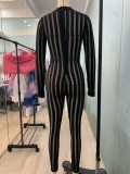 Striped Mesh Patchwork Casual Sexy Stretch Jumpsuit