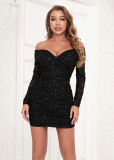 Women Sexy V-Neck Off Shoulder Bodycon Long Sleeve Dress