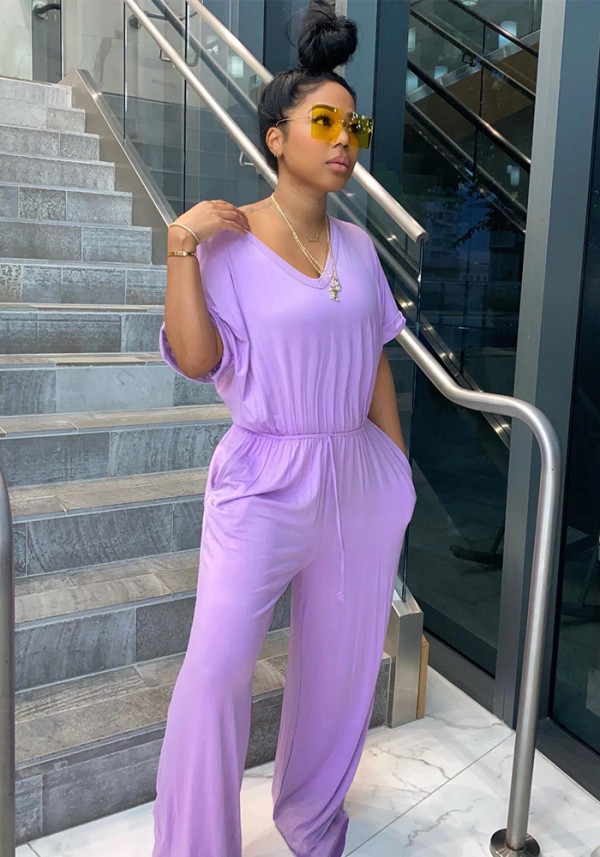 Sexy Women's Loose Casual Solid Color V-Neck Women's Jumpsuit