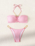 Women Sexy Strapless Solid Metal Chain Bikini Swimsuit Two Pieces
