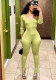 Sexy Solid Color Low Back Long Sleeve Slit Tight Fitting Street Jumpsuit