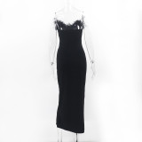 Spring Feather Deep V Sexy Tight Fitting Fashion Dress
