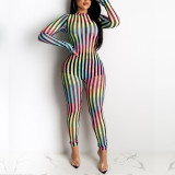 Striped Mesh Patchwork Casual Sexy Stretch Jumpsuit