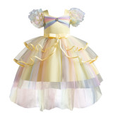 Children's Puffy Dress Rainbow Mesh Trailing Ruffles Girls Performance Princess Dress