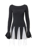 Spring Bow Lace-Up Bell Bottom Long Sleeve Dress