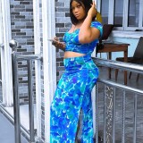Women Skirt Casual Printed Top Slit High Waist Skirt Two Piece Set