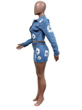 Women Denim stretch printed Top and Skirt two-piece set