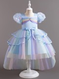 Children's Puffy Dress Rainbow Mesh Trailing Ruffles Girls Performance Princess Dress
