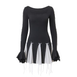 Spring Bow Lace-Up Bell Bottom Long Sleeve Dress