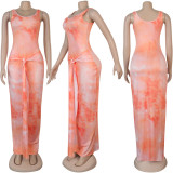 Women Ribbed Tie Dye Printed U Neck Lace-Up Dress