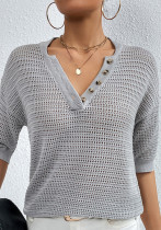 Women Casual V-neck Hollow Knitting Short Sleeve Top
