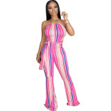 Multi-Color Striped Halter Neck Slim Fit Bell Bottom Women's Jumpsuit