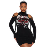 Women Spring Printed Half Turtle Neck Off Shoulder Long Sleeve Dress