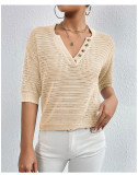 Women Casual V-neck Hollow Knitting Short Sleeve Top
