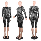 Women's Print Tight Fitting Long Sleeve Two-Piece Midi Shorts Set